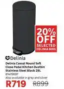Leroy Merlin Delinia Casual Round Soft Close Pedal Kitchen Dustbin S/Steel (Black) 28L 81478697 offer