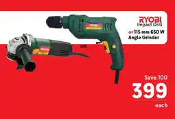 Makro RYOBI Impact Drill or 115 mm 650 W Angle Grinder offer