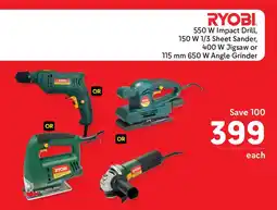 Makro RYOBI 550 W Impact Drill, 150 W 1/3 Sheet Sander, 400 W Jigsaw or 115 mm 650 W Angle Grinder offer