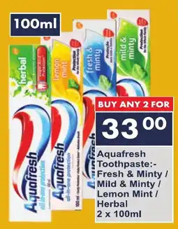 President Hyper Aquafresh Toothpaste Fresh & Minty/ Mild & Minty/ Lemon Mint/ Herbal offer