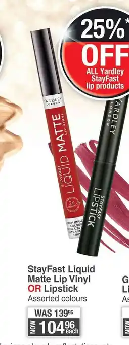 Dis-Chem Yardley StayFast Liquid Matte Lip Vinyl or Lipstick Assorted colours offer