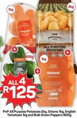 Pick n Pay Hypermarket PnP All Purpose Potatoes 2kg, Onions 1kg, English Tomatoes 1kg and Bulk Green Peppers 800g offer