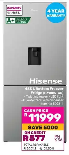 Game Hisense 463 L Bottom Freezer Fridge (H610BS-WD) offer