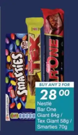 President Hyper Nestlé Bar One Giant 84g / Tex Giant 58g / Smarties 70g offer