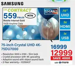 Incredible Connection SAMSUNG 75-inch Crystal UHD 4K- 75DU7000 offer