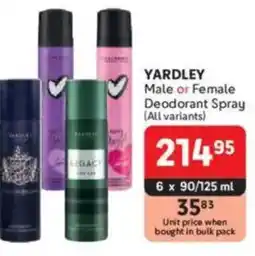 Makro YARDLEY Male or Female Deodorant Spray offer