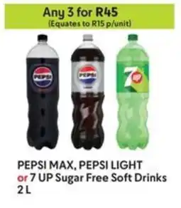 PEPSI MAX, PEPSI LIGHT or 7 UP Sugar Free Soft Drinks