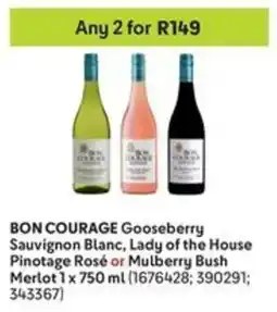 Makro BON COURAGE Gooseberry Sauvignon Blanc, Lady of the House Pinotage Rosé or Mulberry Bush Merlot offer
