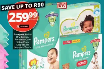 Checkers Pampers Baby-Dry Jumbo/ Premium Care Value Pack Disposable Nappies/ Pants offer
