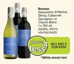 Makro Bosman Generation 8 Merlot, Shiraz, Cabernet Sauvignon, or Chenin Blanc offer