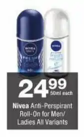 Checkers Nivea Anti-Perspirant Roll-On for Men/ Ladies All Variants offer