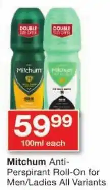 Checkers Mitchum Anti- Perspirant Roll-On for Men/Ladies All Variants offer