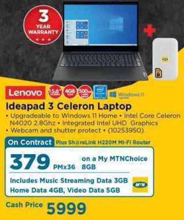 Lenovo Idealpad 3 Celeron Laptop offer at HiFi Corp