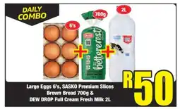 Boxer Large Eggs 6's, SASKO Premium Slices Brown Bread 700g & DEW DROP Full Cream Fresh Milk 2L offer