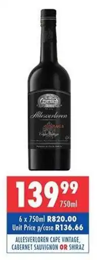 Ultra Liquors Allesverloren cape vintage, cabernet sauvignon or shiraz offer