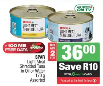 Spar SPAR Light Meat Shredded Tuna in Oil or Water Assorted offer