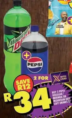 Shoprite Pepsi Regular or Mountain Dew Soft Drinks 2L offer