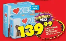 Shoprite LOVIES PREMIUM DISPOSABLE NAPPIES 40/42/44/50/56 per pack offer