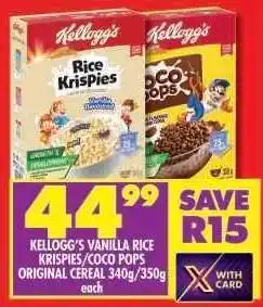 Shoprite Kellogg's Vanilla Rice Krispies/Coco Pops Original Cereal 340g/350g offer