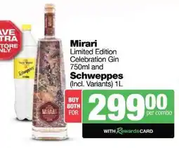 Spar Tops Mirari Limited Edition Celebration Gin 750ml and Schweppes 1L offer