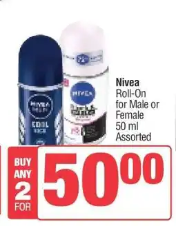 Spar Nivea Roll-On for Male or Female offer