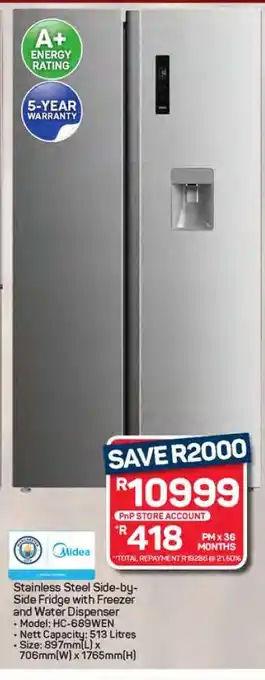 Pick n Pay Hypermarket Stainless Steel Side-by-Side Fridge with Freezer and Water Dispenser offer