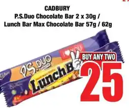 Boxer CADBURY P.S.Duo Chocolate Bar 2 x 30g / Lunch Bar Max Chocolate Bar 57g / 62g offer