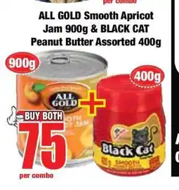 Boxer ALL GOLD Smooth Apricot Jam 900g & BLACK CAT Peanut Butter Assorted 400g offer