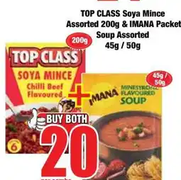 Boxer TOP CLASS Soya Mince Assorted 200g & IMANA Packet Soup Assorted 45g / 50g offer