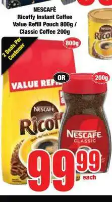 Boxer NESCAFÉ Ricoffy Instant Coffee Value Refill Pouch 800g / Classic Coffee 200g offer