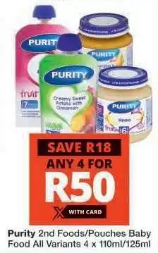 Checkers Purity 2nd Foods/Pouches Baby Food offer