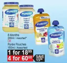Dis-Chem Purity 8 Months Assorted OR Purée Pouches Assorted offer
