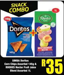 Boxer SIMBA Doritos Corn Chips Assorted 145g & RHODES Nectar Fruit Juice Blend Assorted 1L offer