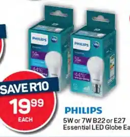 Pick n Pay Hypermarket Philips 5W or 7W B22 or E27 Essential LED Globe Each offer
