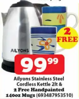 Check Save Ailyons Stainless Steel Cordless Kettle & 2 Free Handpainted Mugs offer