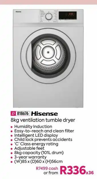 HomeChoice Hisense 8kg ventilation tumble dryer offer