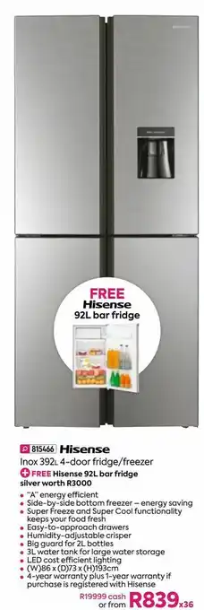 HomeChoice Hisense inox 392l 4-door fridge/freezer offer