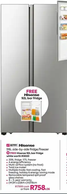 HomeChoice Hisense 516l side-by-side fridge / freezer offer