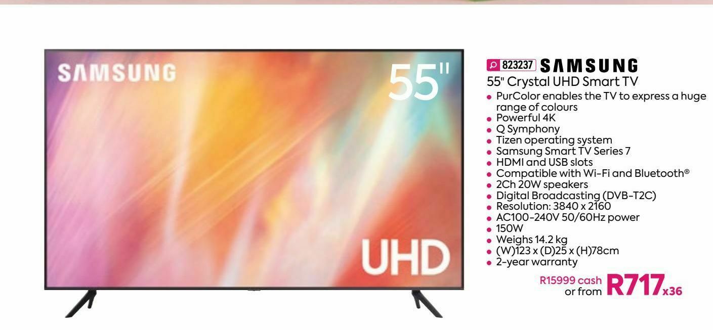 Samsung 55" crystal uhd smart tv offer at HomeChoice