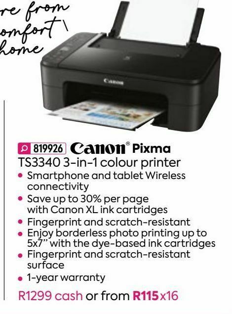 Canon pixma ts3340 3-in-1 colour printer offer at HomeChoice
