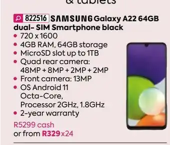 HomeChoice Samsung galaxy a22 64gn dual-sim smartphone black offer