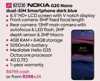 HomeChoice Nokia g20 nano sual-sim smartphone dark blue offer