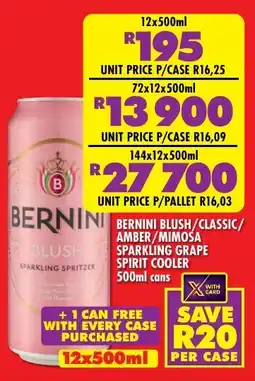 Shoprite Liquor Bernini blush/ classic/ 1 amber/mimosa sparkling grape spirit cooler cans offer