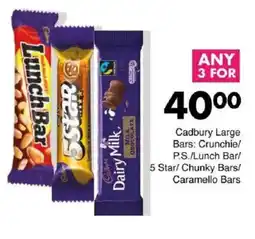 Save Cadbury Large Bars Crunchie/ P.S./ Lunch Bar/ 5 Star/ Chunky Bars/ Caramello Bars offer
