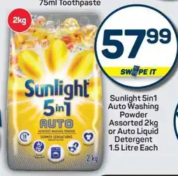 Pick n Pay Sunlight 5in1 Auto Washing Powder Assorted 2kg or Auto Liquid Detergent 1.5 Litre Each offer