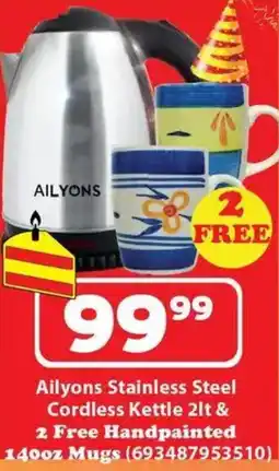 Check Save Ailyons Stainless Steel Cordless Kettle & Free Handpainted Mugs offer