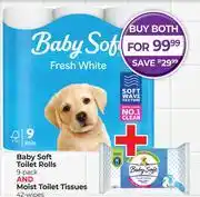 Dis-Chem Baby Soft Toilet Rolls 9 Pack & Moist Toilet Tissues 42 Wipes-Both For offer
