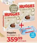 Dis-Chem Huggies Extra Care Nappies 2 x Sizes 1-2-Per 2 Pack offer