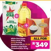Game White Star Super Maize Meal 10kg+ Excella Sunflower Oil 2Ltr+Spekko Long Parboiled Rice 10kg-For All offer