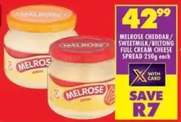 Shoprite Melrose cheddar/ sweetmilk/biltong full cream cheese spread offer